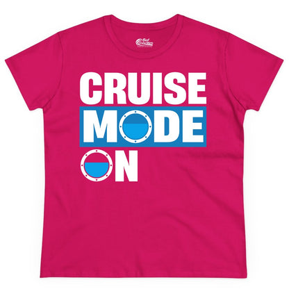 Cruise Mode On Shirt - Funny Cruise Shirt for Caribbean Vacations (Ladies Tee) in Heliconia - Cruise Mode On Shirt - Nautical Porthole Funny Cruise Vacation Tee