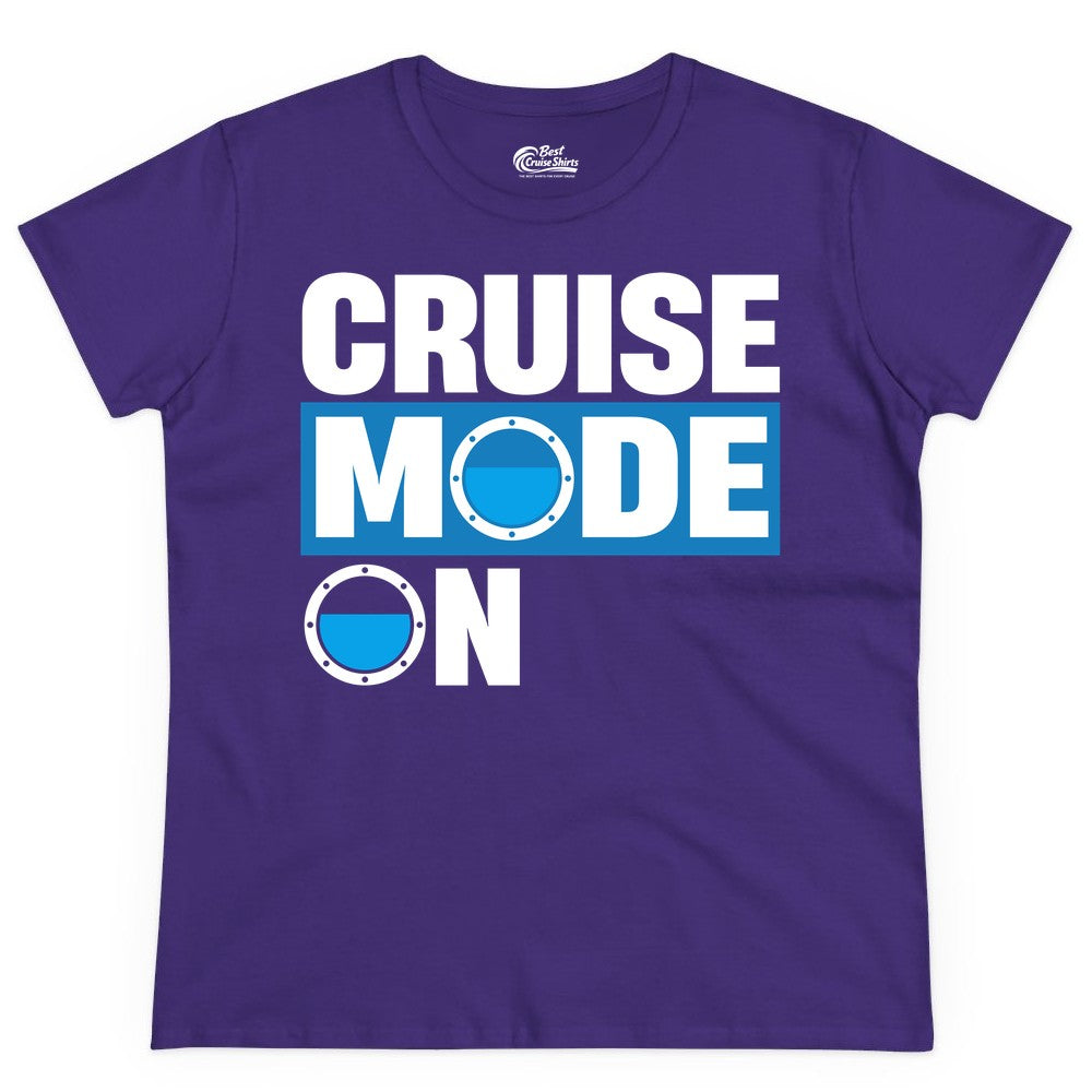 Cruise Mode On Shirt - Funny Cruise Shirt for Caribbean Vacations (Ladies Tee) in Purple - Cruise Mode On Shirt - Nautical Porthole Funny Cruise Vacation Tee