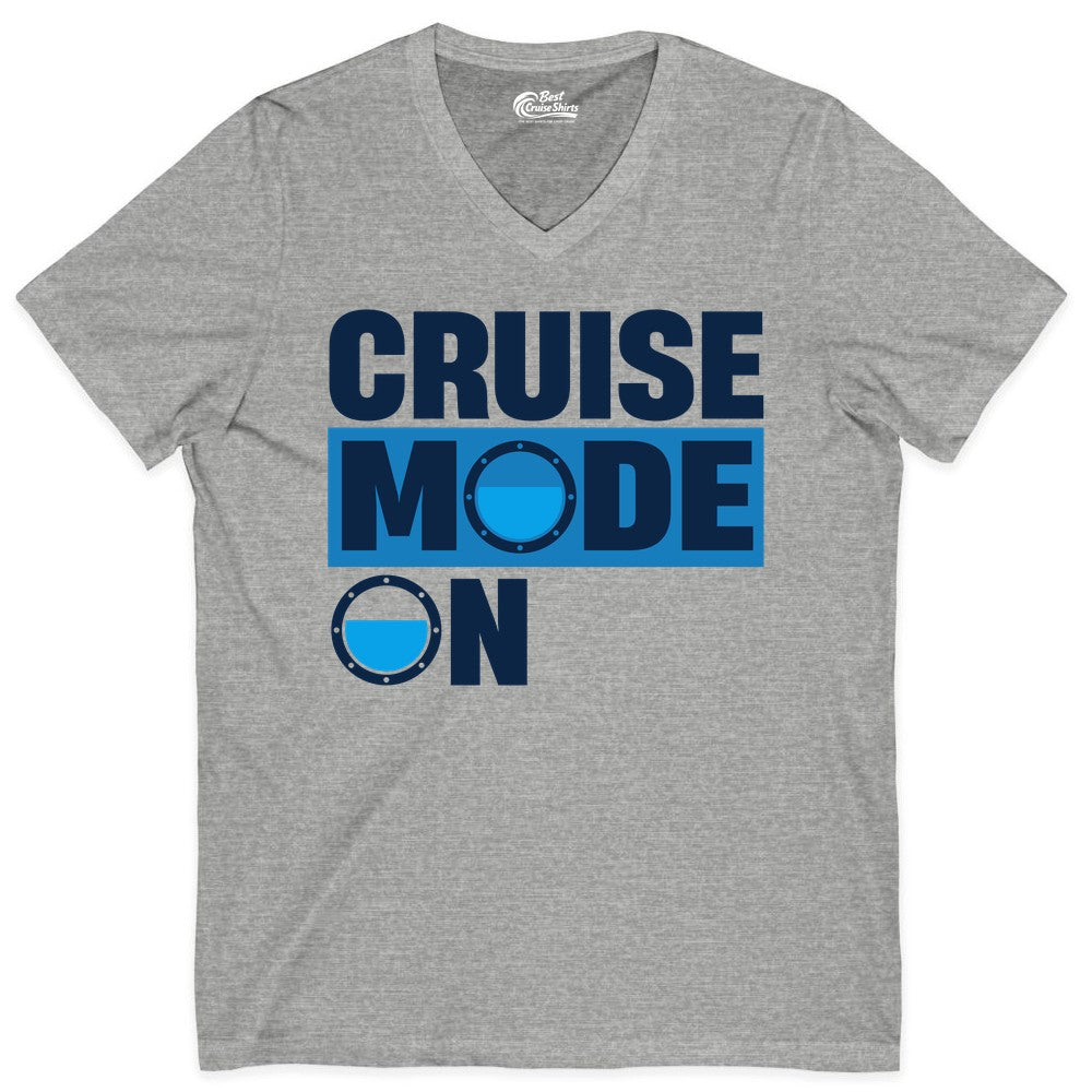 Cruise Mode On Shirt - Funny Cruise Shirt for Caribbean Vacations (V-Neck) in Athletic Heather - Cruise Mode On Shirt - Nautical Porthole Funny Cruise Vacation Tee