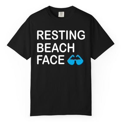 Resting Beach Face Shirt - Funny Beach Shirt with Sunglasses Graphic (Comfort Color) in Black - Resting Beach Face Shirt - Funny Beach Phrase With Blue Sunglasses
