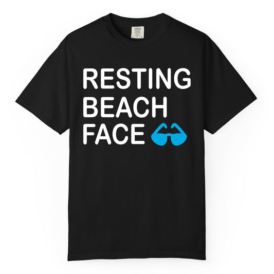 Resting Beach Face Shirt - Funny Beach Shirt with Sunglasses Graphic (Comfort Color) in Black - Resting Beach Face Shirt - Funny Beach Phrase With Blue Sunglasses
