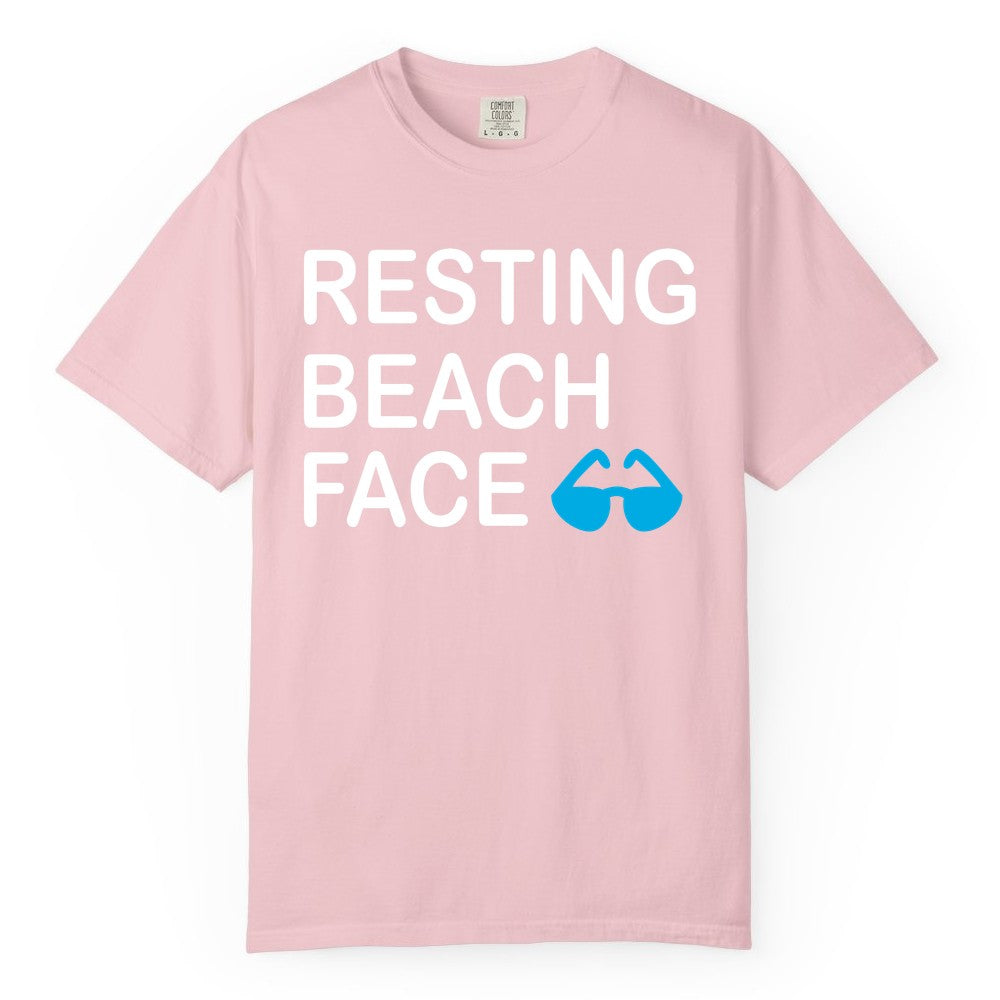 Resting Beach Face Shirt - Funny Beach Shirt with Sunglasses Graphic (Comfort Color) in Blossom - Resting Beach Face Shirt - Funny Beach Phrase With Blue Sunglasses
