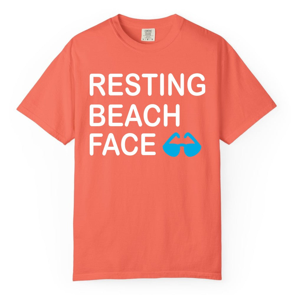 Resting Beach Face Shirt - Funny Beach Shirt with Sunglasses Graphic (Comfort Color) in Bright Salmon - Resting Beach Face Shirt - Funny Beach Phrase With Blue Sunglasses