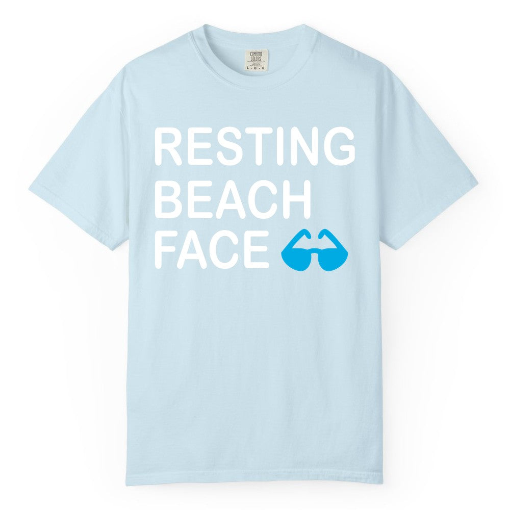 Resting Beach Face Shirt - Funny Beach Shirt with Sunglasses Graphic (Comfort Color) in Chambray - Resting Beach Face Shirt - Funny Beach Phrase With Blue Sunglasses