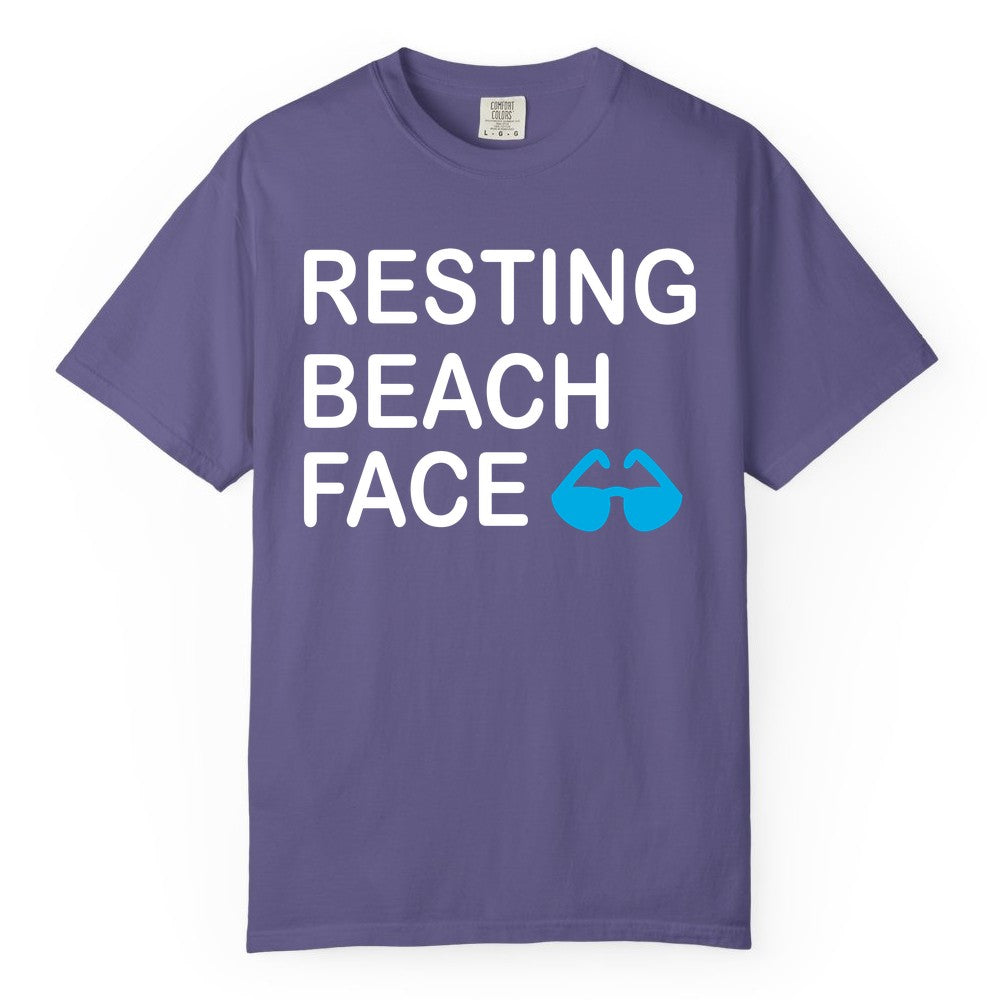 Resting Beach Face Shirt - Funny Beach Shirt with Sunglasses Graphic (Comfort Color) in Grape - Resting Beach Face Shirt - Funny Beach Phrase With Blue Sunglasses