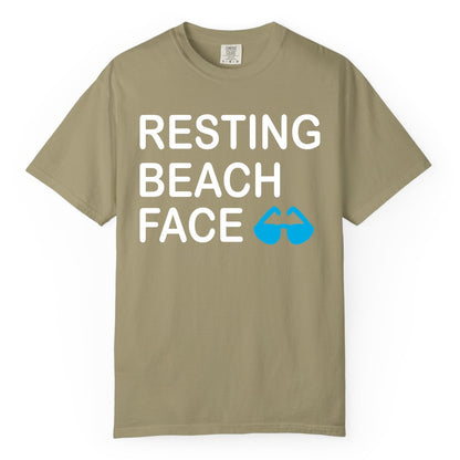 Resting Beach Face Shirt - Funny Beach Shirt with Sunglasses Graphic (Comfort Color) in Khaki - Resting Beach Face Shirt - Funny Beach Phrase With Blue Sunglasses