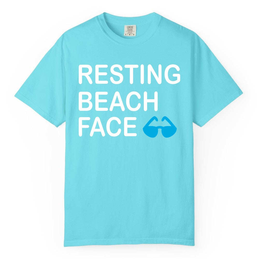 Resting Beach Face Shirt - Funny Beach Shirt with Sunglasses Graphic (Comfort Color) in Lagoon Blue - Resting Beach Face Shirt - Funny Beach Phrase With Blue Sunglasses