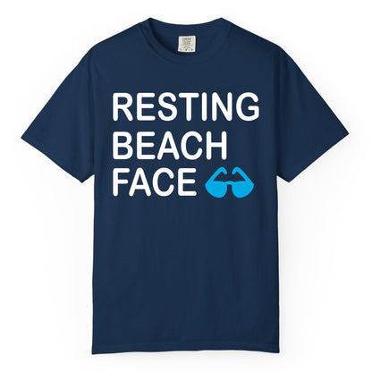 Resting Beach Face Shirt - Funny Beach Shirt with Sunglasses Graphic (Comfort Color) in Navy - Resting Beach Face Shirt - Funny Beach Phrase With Blue Sunglasses