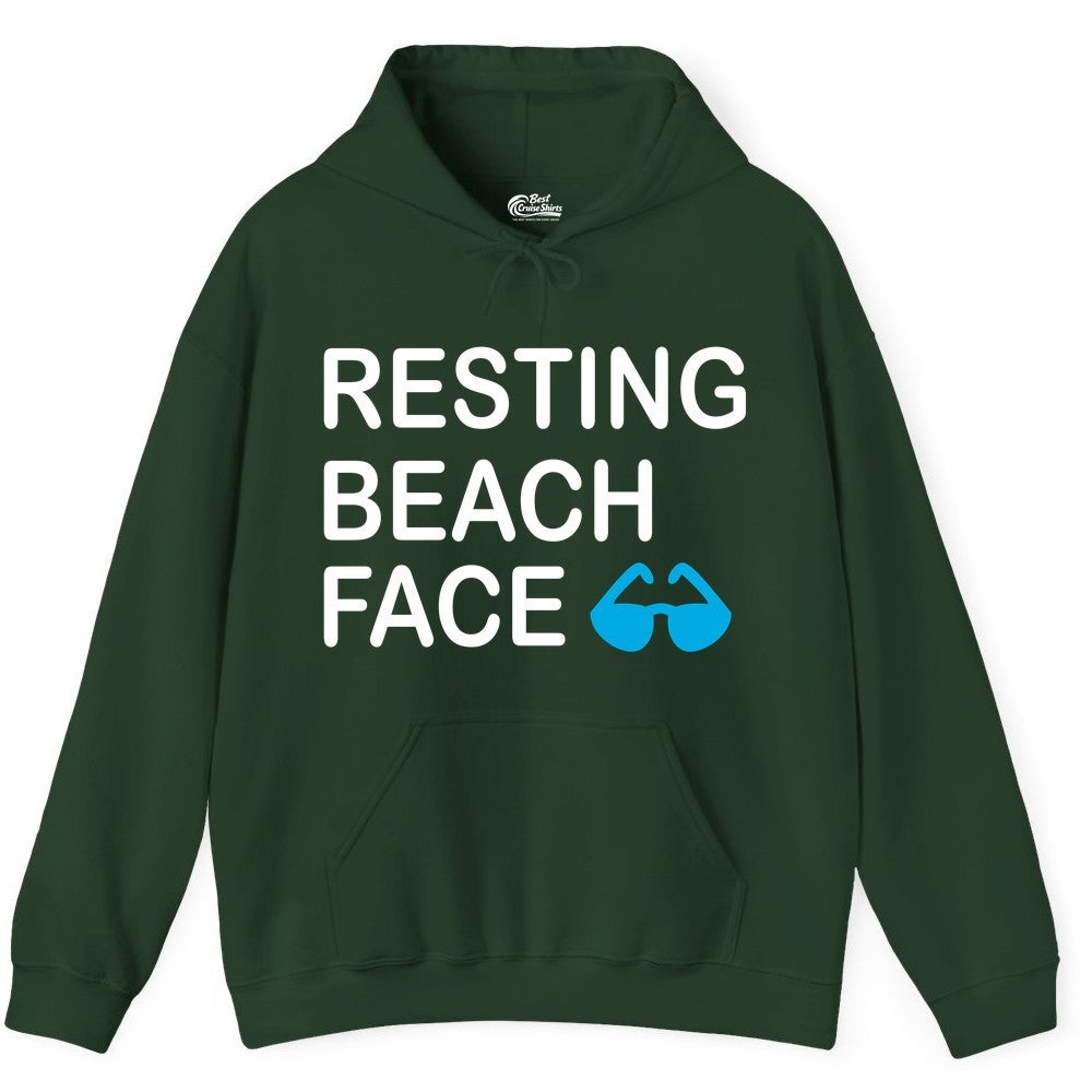 Resting Beach Face Shirt - Funny Beach Shirt with Sunglasses Graphic (Hoodie) in Forest Green - Resting Beach Face Shirt - Funny Beach Phrase With Blue Sunglasses