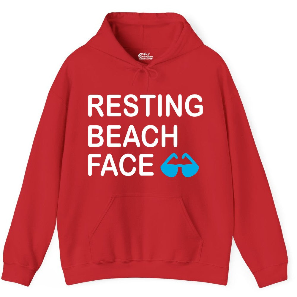 Resting Beach Face Shirt - Funny Beach Shirt with Sunglasses Graphic (Hoodie) in Red - Resting Beach Face Shirt - Funny Beach Phrase With Blue Sunglasses