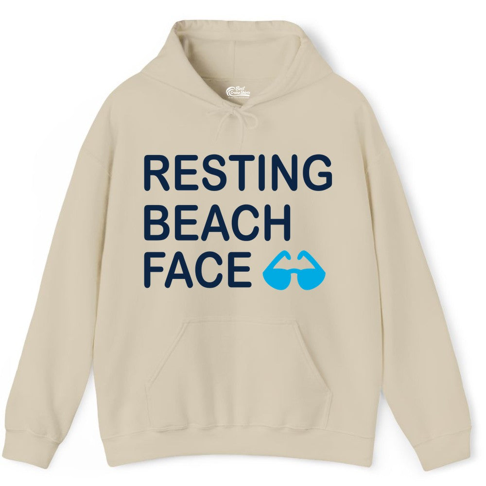 Resting Beach Face Shirt - Funny Beach Shirt with Sunglasses Graphic (Hoodie) in Sand - Resting Beach Face Shirt - Funny Beach Phrase With Blue Sunglasses