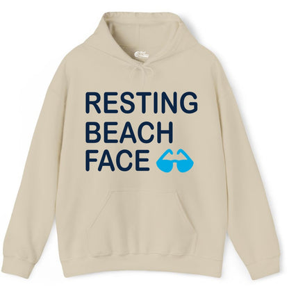 Resting Beach Face Shirt - Funny Beach Shirt with Sunglasses Graphic (Hoodie) in Sand - Resting Beach Face Shirt - Funny Beach Phrase With Blue Sunglasses