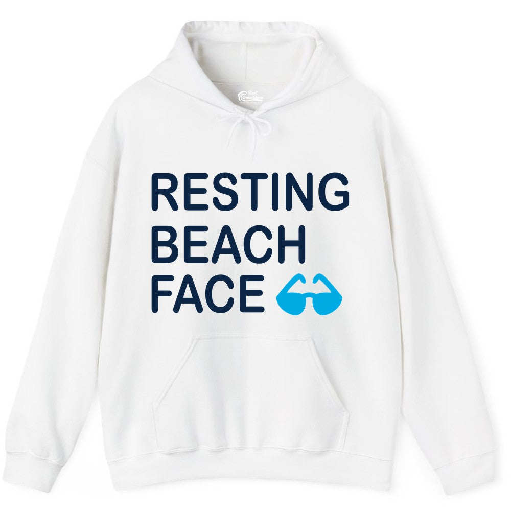 Resting Beach Face Shirt - Funny Beach Shirt with Sunglasses Graphic (Hoodie) in White - Resting Beach Face Shirt - Funny Beach Phrase With Blue Sunglasses