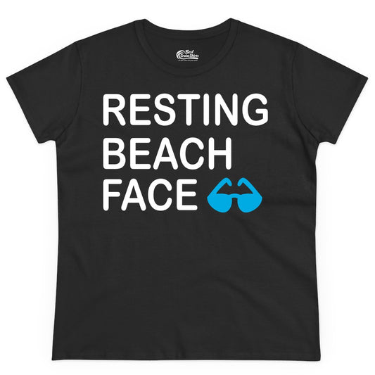 Resting Beach Face Shirt - Funny Beach Shirt with Sunglasses Graphic (Ladies Tee) in Black - Resting Beach Face Shirt - Funny Beach Phrase With Blue Sunglasses