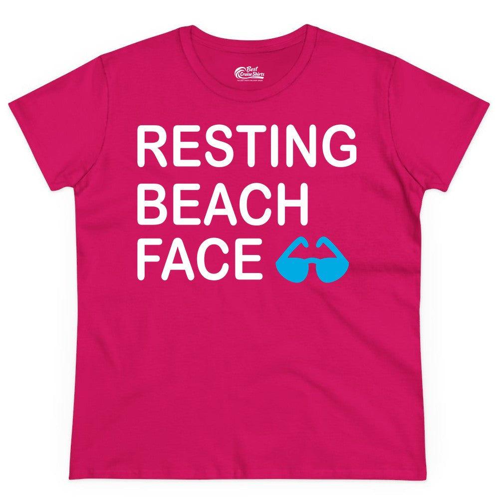 Resting Beach Face Shirt - Funny Beach Shirt with Sunglasses Graphic (Ladies Tee) in Heliconia - Resting Beach Face Shirt - Funny Beach Phrase With Blue Sunglasses
