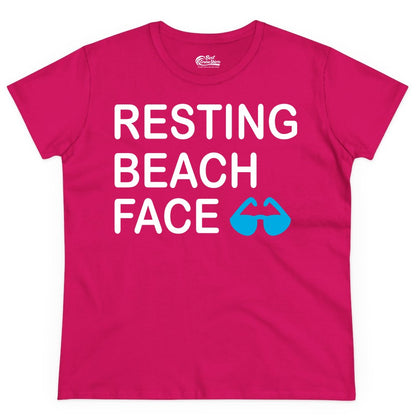 Resting Beach Face Shirt - Funny Beach Shirt with Sunglasses Graphic (Ladies Tee) in Heliconia - Resting Beach Face Shirt - Funny Beach Phrase With Blue Sunglasses