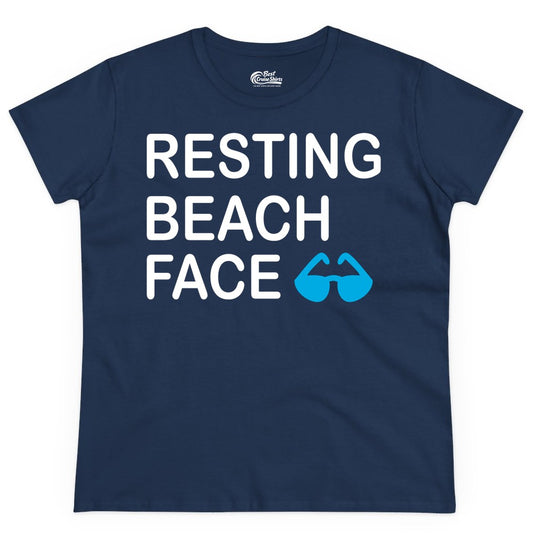 Resting Beach Face Shirt - Funny Beach Shirt with Sunglasses Graphic (Ladies Tee) in Navy - Resting Beach Face Shirt - Funny Beach Phrase With Blue Sunglasses