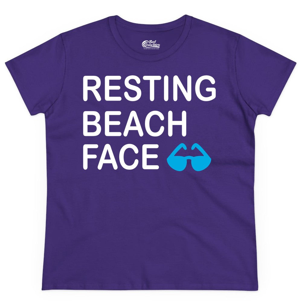 Resting Beach Face Shirt - Funny Beach Shirt with Sunglasses Graphic (Ladies Tee) in Purple - Resting Beach Face Shirt - Funny Beach Phrase With Blue Sunglasses