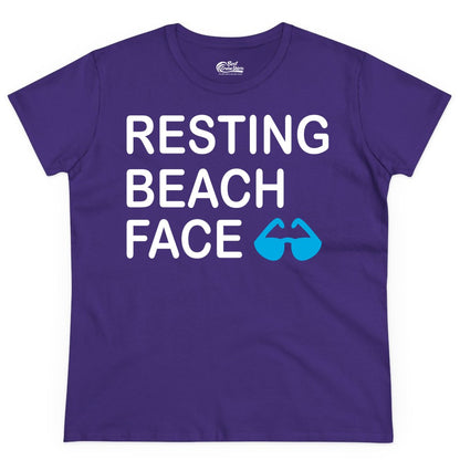 Resting Beach Face Shirt - Funny Beach Shirt with Sunglasses Graphic (Ladies Tee) in Purple - Resting Beach Face Shirt - Funny Beach Phrase With Blue Sunglasses