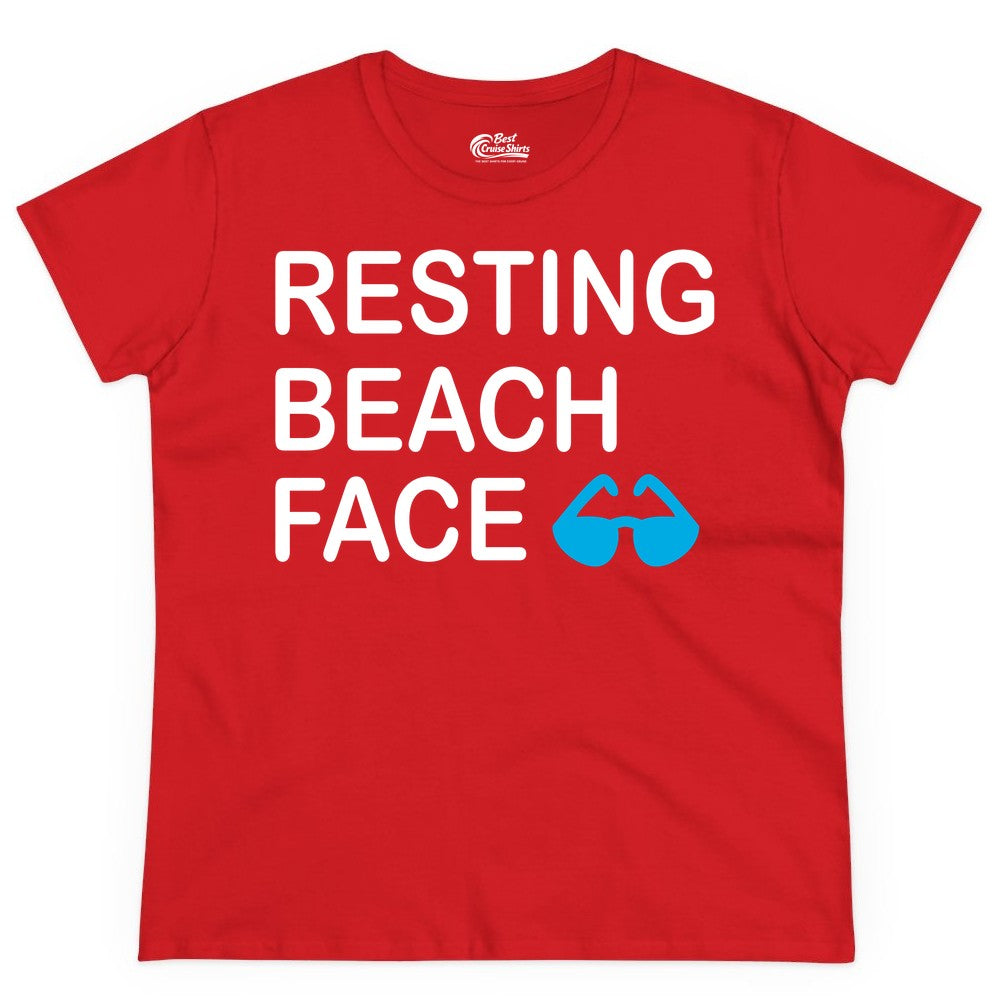 Resting Beach Face Shirt - Funny Beach Shirt with Sunglasses Graphic (Ladies Tee) in Red - Resting Beach Face Shirt - Funny Beach Phrase With Blue Sunglasses