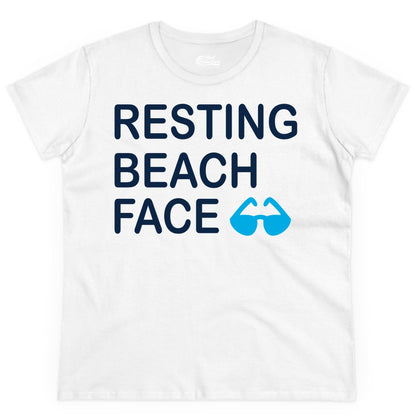 Resting Beach Face Shirt - Funny Beach Shirt with Sunglasses Graphic (Ladies Tee) in White - Resting Beach Face Shirt - Funny Beach Phrase With Blue Sunglasses