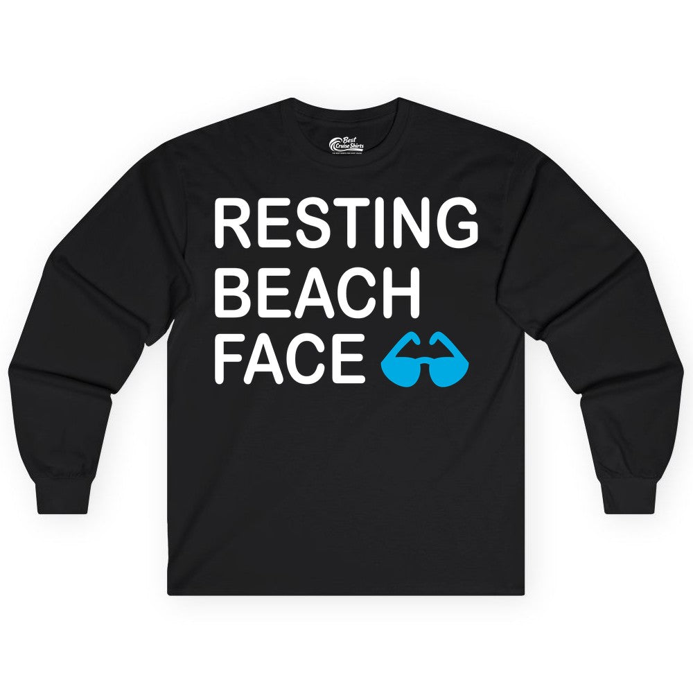 Resting Beach Face Shirt - Funny Beach Shirt with Sunglasses Graphic (Long Sleeve) in Black - Resting Beach Face Shirt - Funny Beach Phrase With Blue Sunglasses