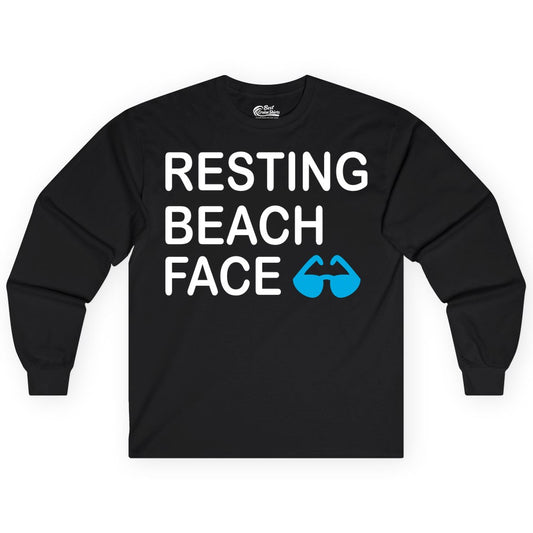 Resting Beach Face Shirt - Funny Beach Shirt with Sunglasses Graphic (Long Sleeve) in Black - Resting Beach Face Shirt - Funny Beach Phrase With Blue Sunglasses