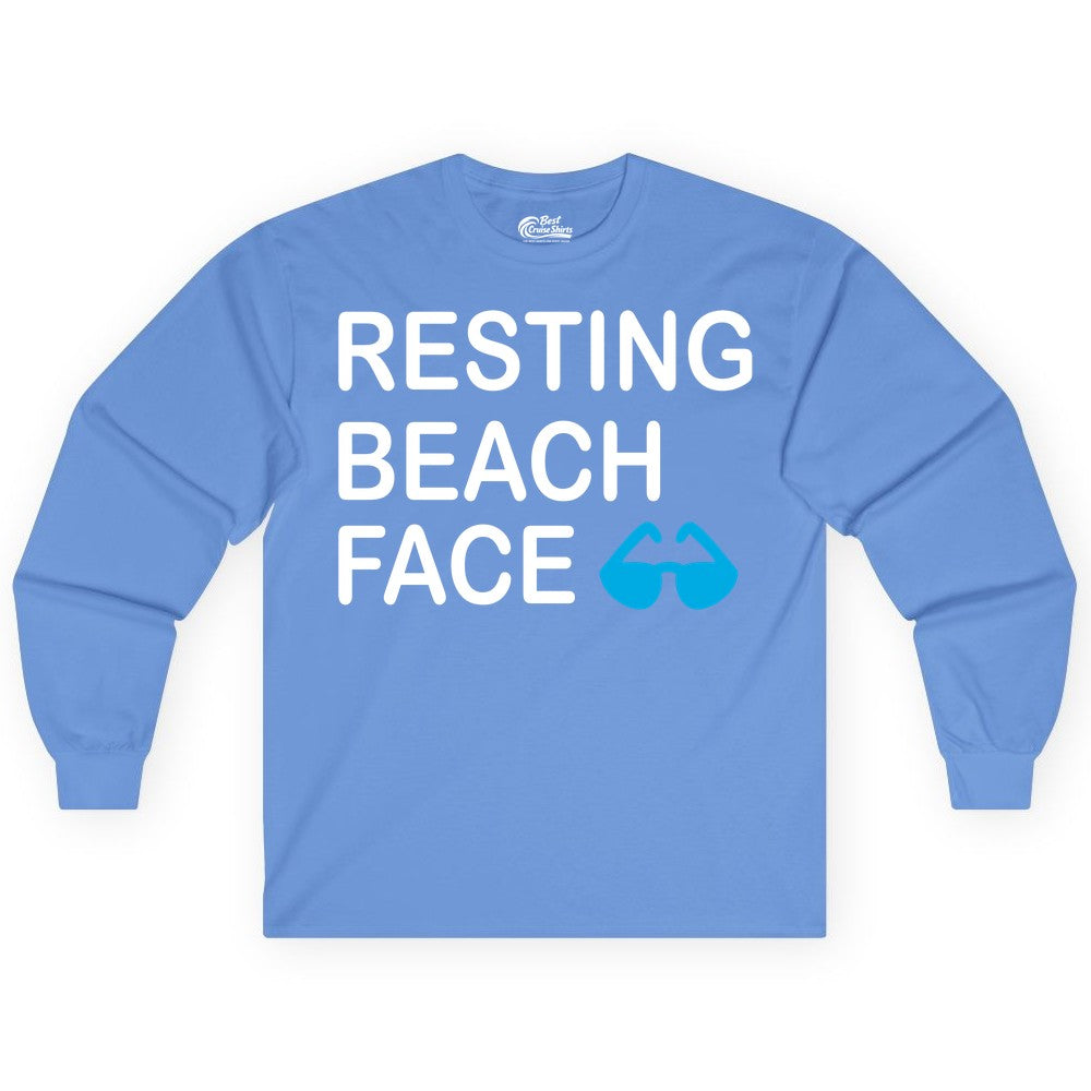 Resting Beach Face Shirt - Funny Beach Shirt with Sunglasses Graphic (Long Sleeve) in Carolina Blue - Resting Beach Face Shirt - Funny Beach Phrase With Blue Sunglasses