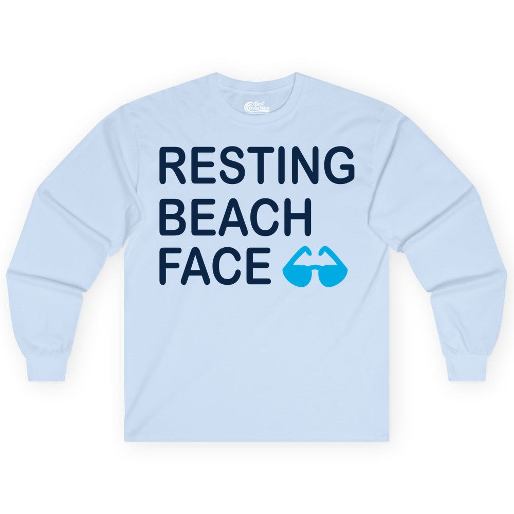 Resting Beach Face Shirt - Funny Beach Shirt with Sunglasses Graphic (Long Sleeve) in Light Blue - Resting Beach Face Shirt - Funny Beach Phrase With Blue Sunglasses