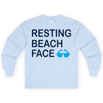Resting Beach Face Shirt - Funny Beach Shirt with Sunglasses Graphic (Long Sleeve) in Light Blue - Resting Beach Face Shirt - Funny Beach Phrase With Blue Sunglasses