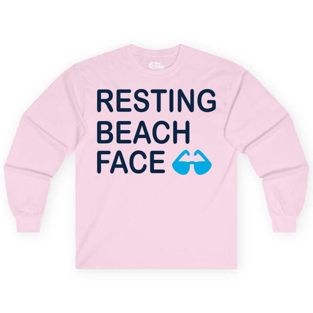 Resting Beach Face Shirt - Funny Beach Shirt with Sunglasses Graphic (Long Sleeve) in Light Pink - Resting Beach Face Shirt - Funny Beach Phrase With Blue Sunglasses