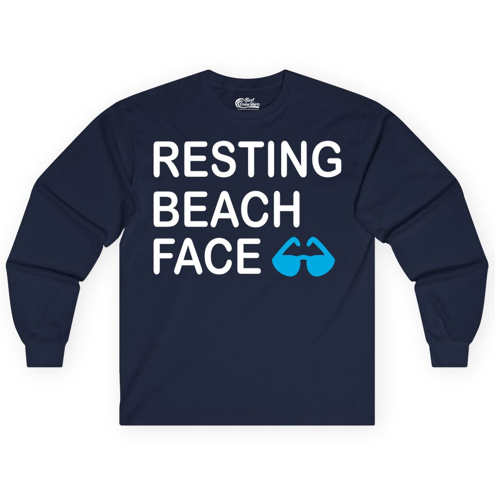 Resting Beach Face Shirt - Funny Beach Shirt with Sunglasses Graphic (Long Sleeve) in Navy - Resting Beach Face Shirt - Funny Beach Phrase With Blue Sunglasses