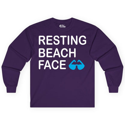 Resting Beach Face Shirt - Funny Beach Shirt with Sunglasses Graphic (Long Sleeve) in Purple - Resting Beach Face Shirt - Funny Beach Phrase With Blue Sunglasses