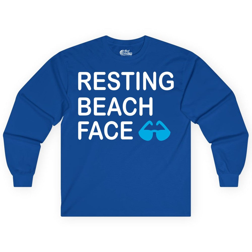 Resting Beach Face Shirt - Funny Beach Shirt with Sunglasses Graphic (Long Sleeve) in Royal - Resting Beach Face Shirt - Funny Beach Phrase With Blue Sunglasses