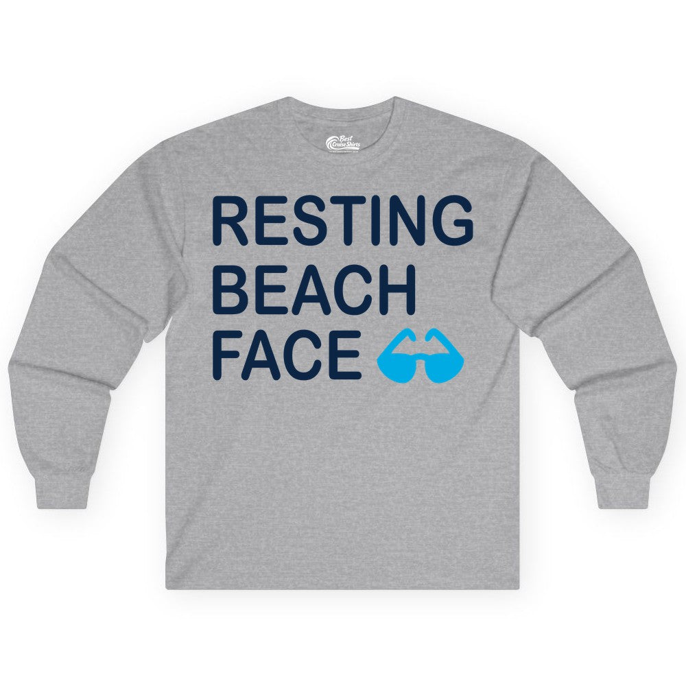 Resting Beach Face Shirt - Funny Beach Shirt with Sunglasses Graphic (Long Sleeve) in Sport Grey - Resting Beach Face Shirt - Funny Beach Phrase With Blue Sunglasses