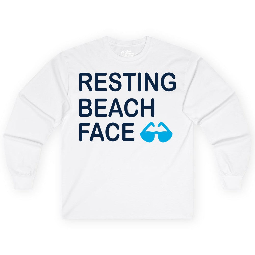 Resting Beach Face Shirt - Funny Beach Shirt with Sunglasses Graphic (Long Sleeve) in White - Resting Beach Face Shirt - Funny Beach Phrase With Blue Sunglasses