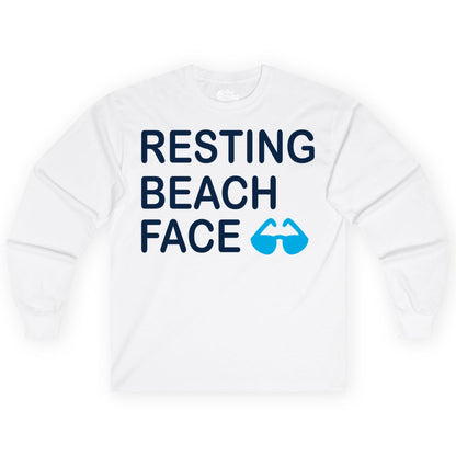 Resting Beach Face Shirt - Funny Beach Shirt with Sunglasses Graphic (Long Sleeve) in White - Resting Beach Face Shirt - Funny Beach Phrase With Blue Sunglasses