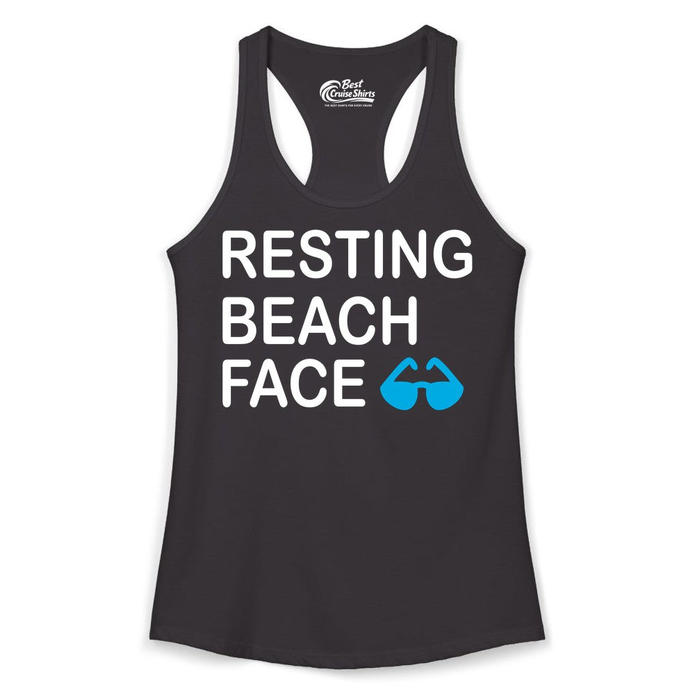 Resting Beach Face Shirt - Funny Beach Shirt with Sunglasses Graphic (Ladies Tank) in Black - Resting Beach Face Shirt - Funny Beach Phrase With Blue Sunglasses