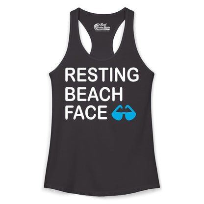 Resting Beach Face Shirt - Funny Beach Shirt with Sunglasses Graphic (Ladies Tank) in Black - Resting Beach Face Shirt - Funny Beach Phrase With Blue Sunglasses