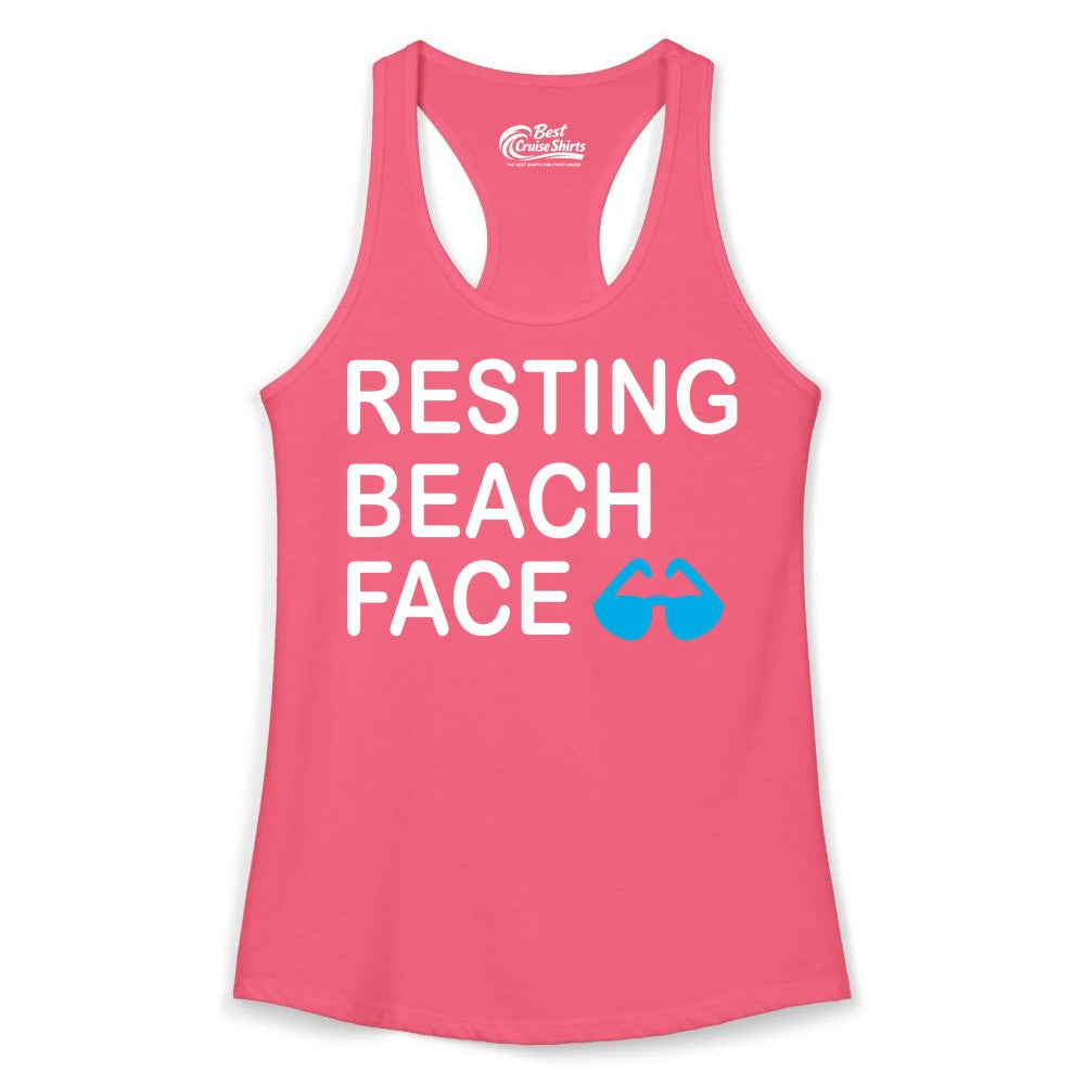 Resting Beach Face Shirt - Funny Beach Shirt with Sunglasses Graphic (Ladies Tank) in Hot Pink - Resting Beach Face Shirt - Funny Beach Phrase With Blue Sunglasses