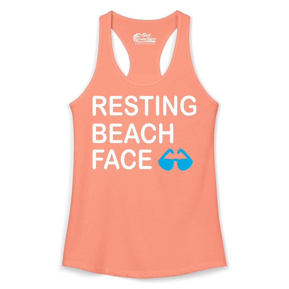 Resting Beach Face Shirt - Funny Beach Shirt with Sunglasses Graphic (Ladies Tank) in Solid Light Orange - Resting Beach Face Shirt - Funny Beach Phrase With Blue Sunglasses