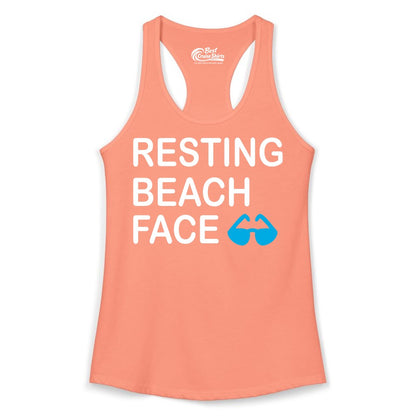 Resting Beach Face Shirt - Funny Beach Shirt with Sunglasses Graphic (Ladies Tank) in Solid Light Orange - Resting Beach Face Shirt - Funny Beach Phrase With Blue Sunglasses