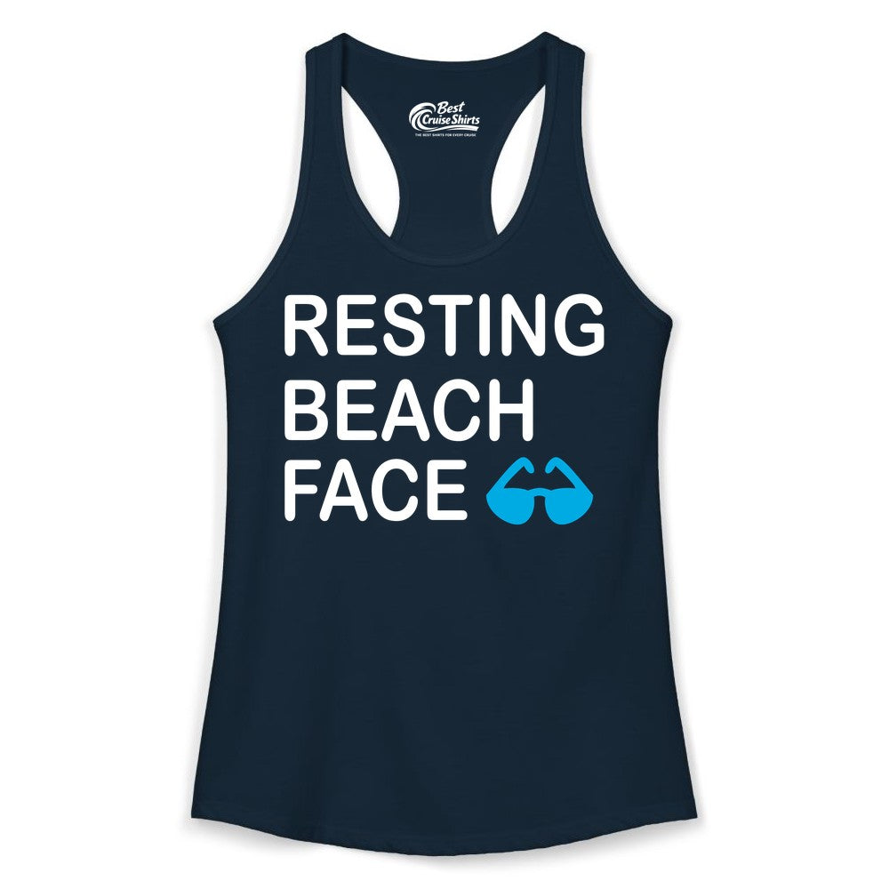 Resting Beach Face Shirt - Funny Beach Shirt with Sunglasses Graphic (Ladies Tank) in Solid Midnight Navy - Resting Beach Face Shirt - Funny Beach Phrase With Blue Sunglasses