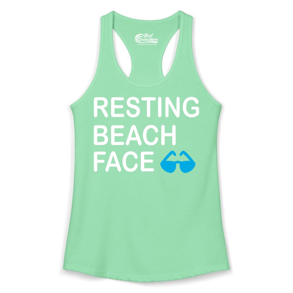 Resting Beach Face Shirt - Funny Beach Shirt with Sunglasses Graphic (Ladies Tank) in Solid Mint - Resting Beach Face Shirt - Funny Beach Phrase With Blue Sunglasses