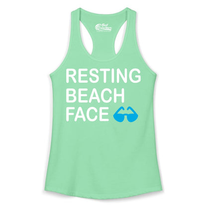 Resting Beach Face Shirt - Funny Beach Shirt with Sunglasses Graphic (Ladies Tank) in Solid Mint - Resting Beach Face Shirt - Funny Beach Phrase With Blue Sunglasses