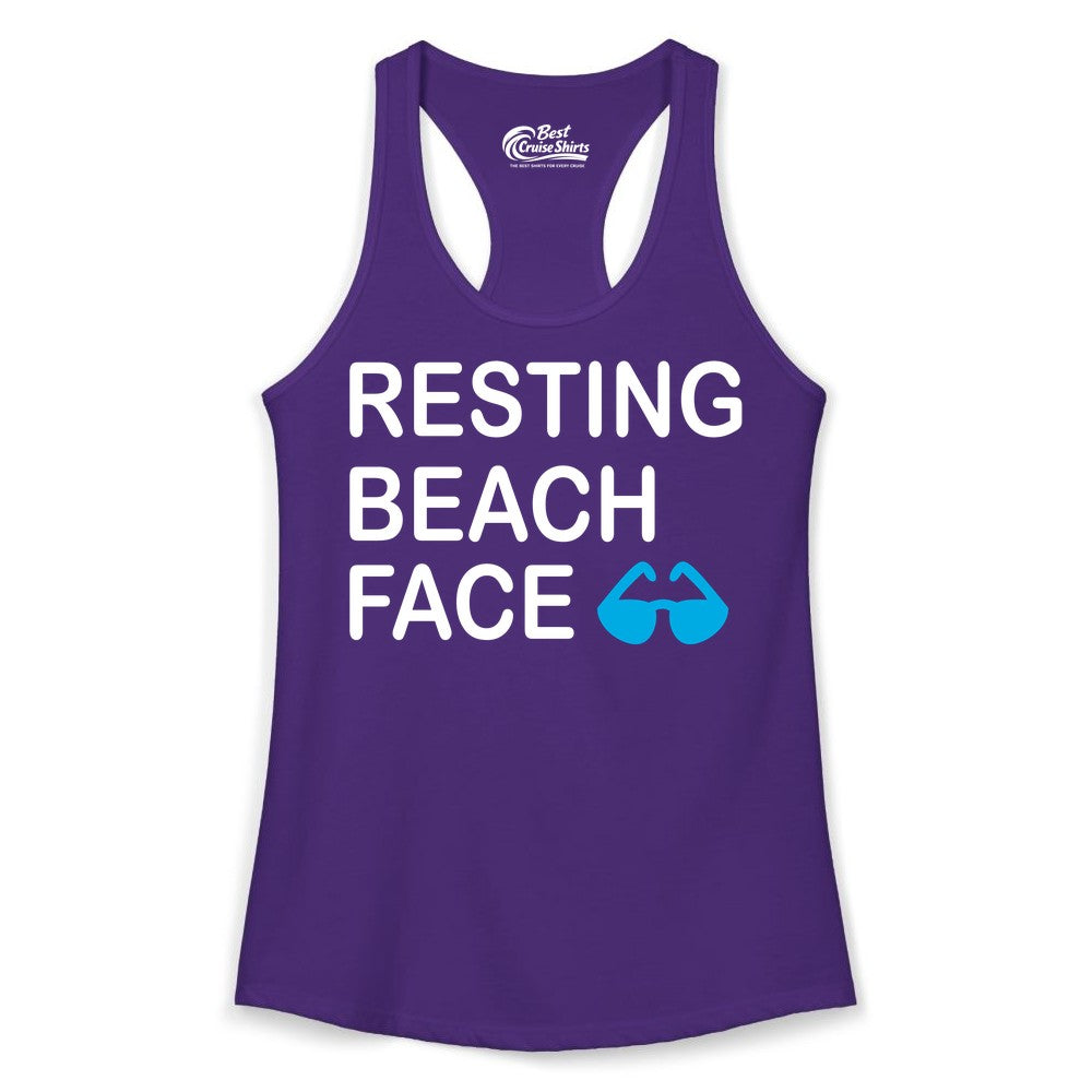 Resting Beach Face Shirt - Funny Beach Shirt with Sunglasses Graphic (Ladies Tank) in Solid Purple Rush - Resting Beach Face Shirt - Funny Beach Phrase With Blue Sunglasses