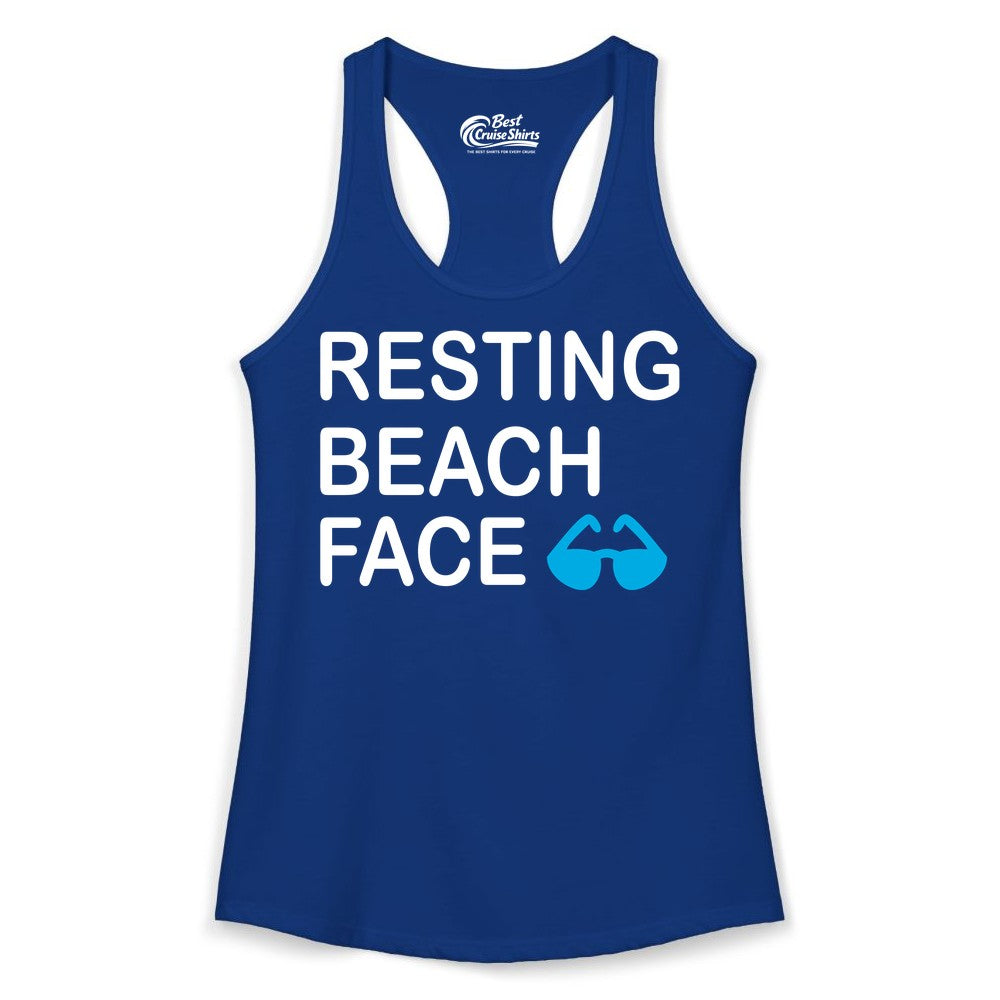 Resting Beach Face Shirt - Funny Beach Shirt with Sunglasses Graphic (Ladies Tank) in Solid Royal - Resting Beach Face Shirt - Funny Beach Phrase With Blue Sunglasses