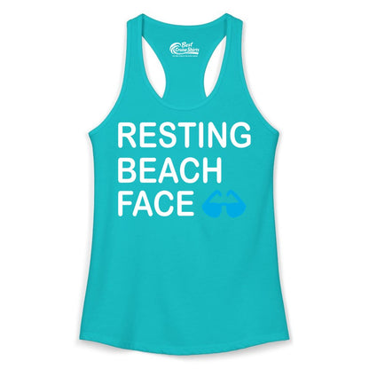 Resting Beach Face Shirt - Funny Beach Shirt with Sunglasses Graphic (Ladies Tank) in Tahiti Blue - Resting Beach Face Shirt - Funny Beach Phrase With Blue Sunglasses