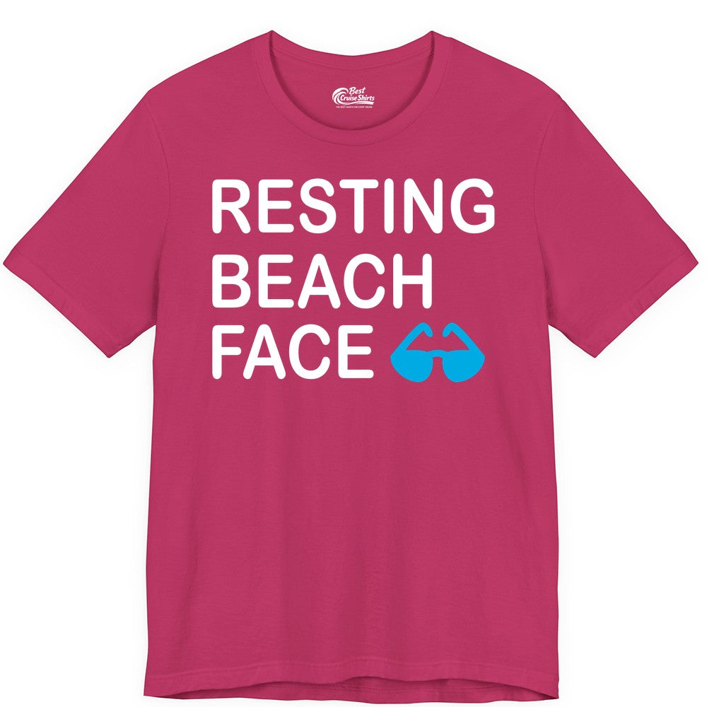 Resting Beach Face Shirt - Funny Beach Shirt with Sunglasses Graphic (Premium Tee) in Berry - Resting Beach Face Shirt - Funny Beach Phrase With Blue Sunglasses