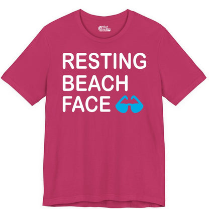Resting Beach Face Shirt - Funny Beach Shirt with Sunglasses Graphic (Premium Tee) in Berry - Resting Beach Face Shirt - Funny Beach Phrase With Blue Sunglasses